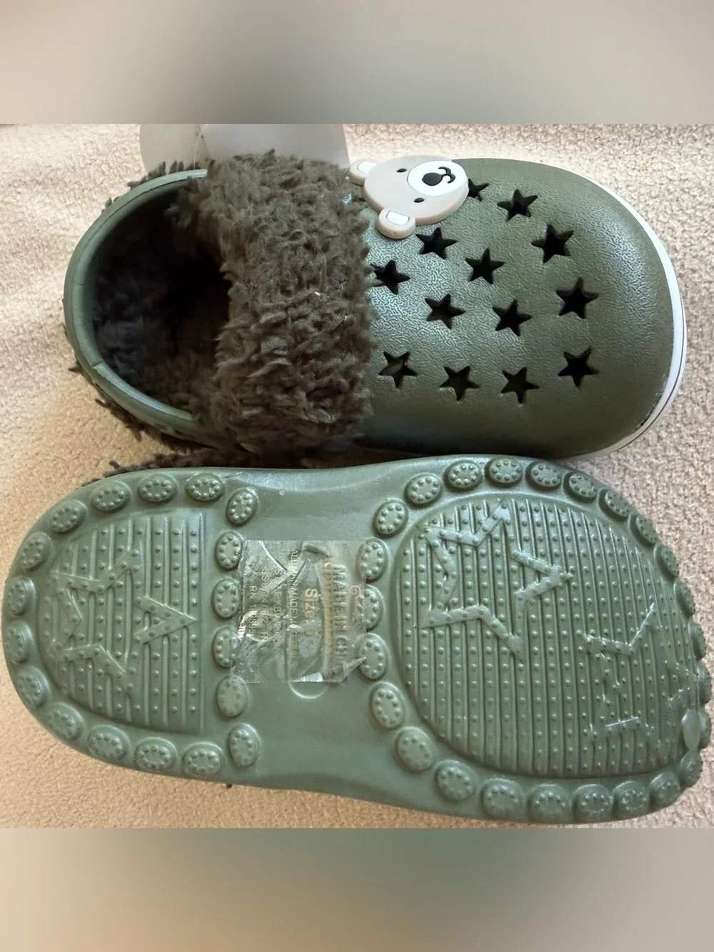 Koala baby Fleece Lined Clogs Green Star Vent Bear Charm Shoes Toddler SIZE 5